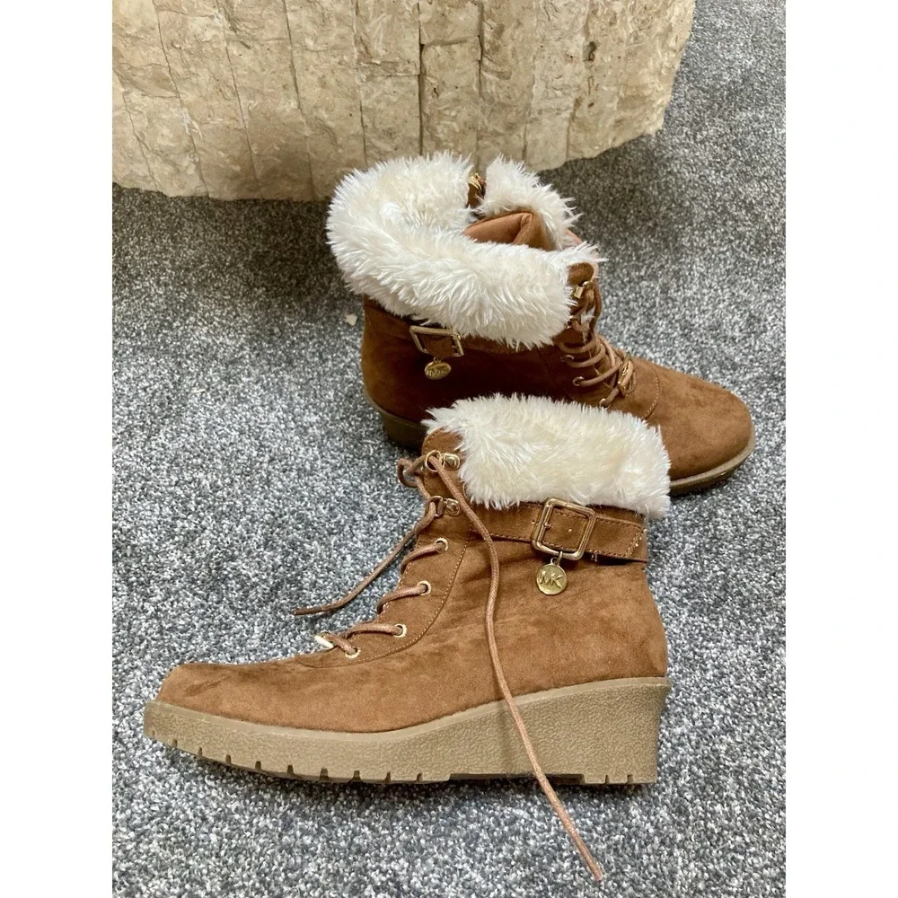 Michael Kors Myra‎ Wendee Chestnut Brown Suede Faux Fur Ankle Boots Booties Sz 5